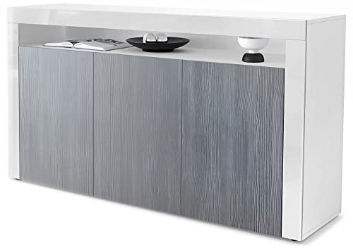 Vladon Sideboard Valencia, Made in Germany, Kommode mit 3 Türen und 1 offenem Fach, Weiß matt/Avola-Anthrazit/Weiß Hochglanz (155 x 92 x 40 cm)