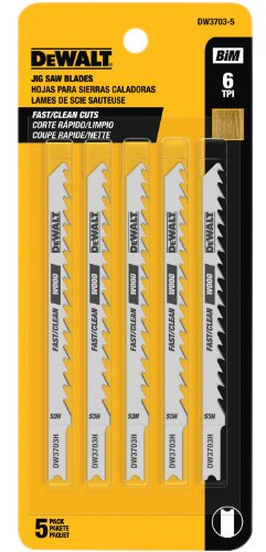 DEWALT DW3703-5 4-Inch 6 TPI Fast Clean Cut Wood Cobalt Alloy Steel U-Shank Jig Saw Blade (5-Pack)