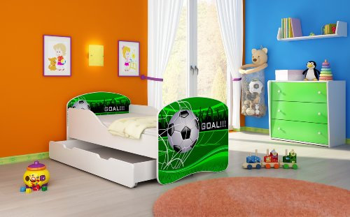 CLAMARO 'Traumland' Motiv Kinderbett 80 x 160 cm inkl. Matratze, Lattenrost und Bettkasten Schublade auf Rollen, Kantenschutzleisten und Rausfallschutz, Motiv: 14 - Goal Motiv