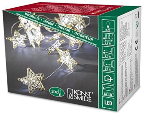 Konstsmide LED Dekolichterkette, goldfarbene Metallsterne, 20 warm weiße Dioden, batteriebetrieben, Innen, transparentes Kabel, 3 x AA 1.5V (exkl.) - 3170-803