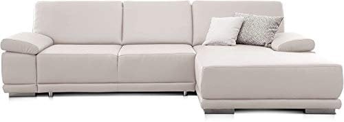 CAVADORE Ecksofa Corianne in Lederoptik / Couch inkl. Armteilverstellung und Longchair in modernem Design / 282 x 80 x 162 / Kunstleder, weiß