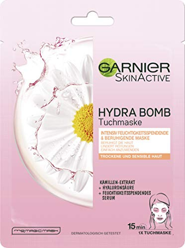 Garnier Ski nactive Hydra Bomb panno maschera idratante con estratto di camomilla/Maschera per una pelle rilassata senza Arrossamento/Confezione da 5 (5 X 32 g).