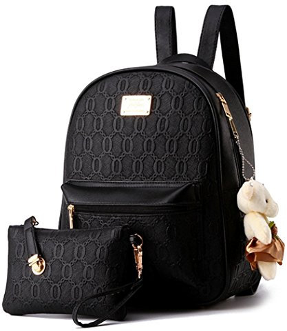 YAAGLE Damen Rucksack PU Leder Schultertasche Campus Uni Schultasche mit Anhänger Bärchen Backpack+Handtasche 2 Pcs