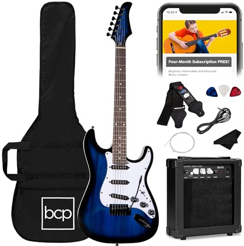 Best Choice Products Kit de iniciación de guitarra eléctrica para principiantes de tamaño completo de 39 pulgadas con funda, correa, amplificador de 10 W, cuerdas, púa, barra de trémolo, azul