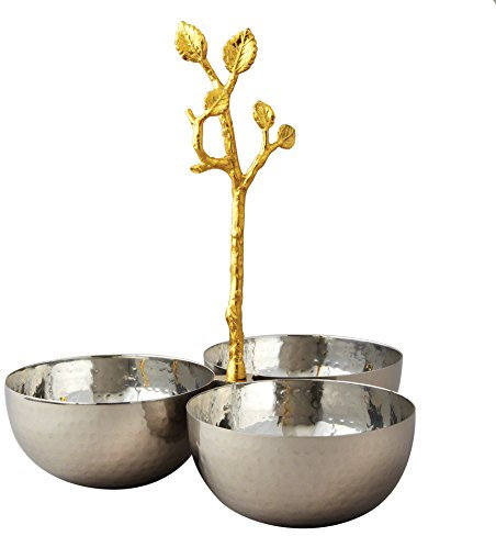 Elegance Golden Vine Hammered Triple Bowl, Silver/Gold