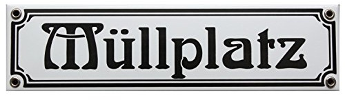 Müllplatz Emaille Schild 8 x 30 cm Jugendstil Emailschild Müllplatz weiß.