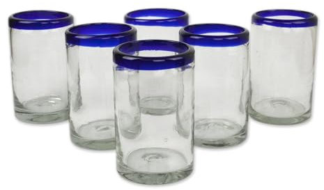 NOVICA Hand Blown Glass Blue Rim | Handmade Recycled Glass | Artisan Crafted | Juice Drinking | Tumblers | Dishwasher Safe | Mexican Glassware | 14 Oz. 'Cobalt' (Set of 6) | Dimension 5 H x 3.2