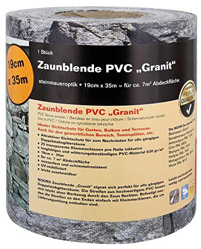 NOOR Sichtschutzstreifen PVC BLICKDICHT für Doppelstabmattenzaun - Zaunsichtschutz Rolle granit 0,19x35 m - blickdichter Wind- & Sichtschutz - Zaunblende 630 g/m² inkl. 28 Klemmschienen