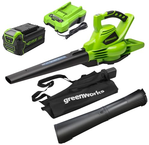 Greenworks 40V (185 MPH / 340 CFM) Cordless Brushless Leaf Blower/Vacuum with Bag, Battery-Powered, Ergonomic Design for Efficient Leaf & Grass Clipping Cleanup, Includes 4.0Ah Battery & Charger