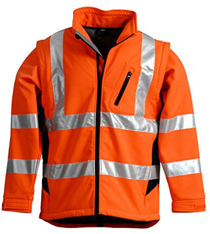 LeiKaTex Softshell-Warnschutzjacke für Herren und Damen (L, Orange/Marine) winddicht, wasserabweisend, atmungsaktiv, abnehmbare Ärmel, Fleece Innenstoff EN 20471 Arbeitsjacke