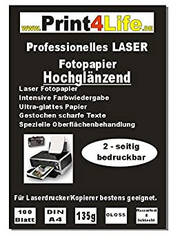 P4L – 100 Blatt DIN A4 135g/m² BEIDSEITIG hochglänzendes Fotopapier (High Glossy) für Laserdrucker/Kopierer