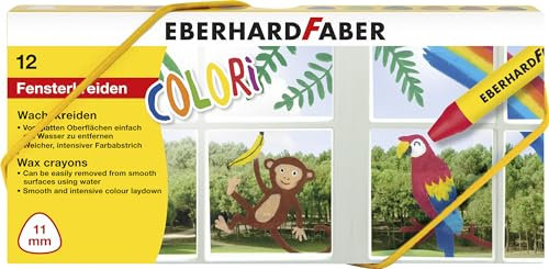 Eberhard Faber 524112 - Fensterkreide Set, 12 Wachsmalstifte für Fenster und Papier, auf glatten Oberflächen mit Wasser abwaschbar
