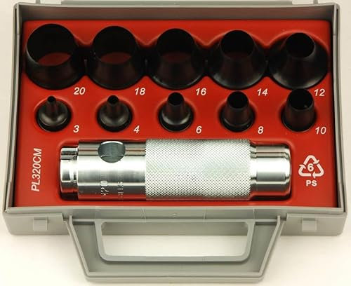 OC-PRO Coffret Emporte Pièces BOEHM Système Jumelable 10 Poinçons de Découpe Métriques 2 à 20 mm Mandrin Porte Poinçons en Polypropylène