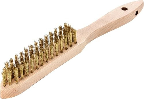 LESSMANN Bürste/Handbürste zur Entfernung von Rost, Schmutz und Farbe | 4 Reihig mit Griff aus Buchenholz | Borsten aus Messingdraht 0,35 mm dick, Gewellt