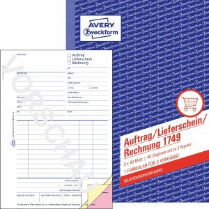AVERY Zweckform 10 x Formularbuch Auftrag/Lieferschein/Rechnung A5 selbstdurchschreibend 3x40 Blatt
