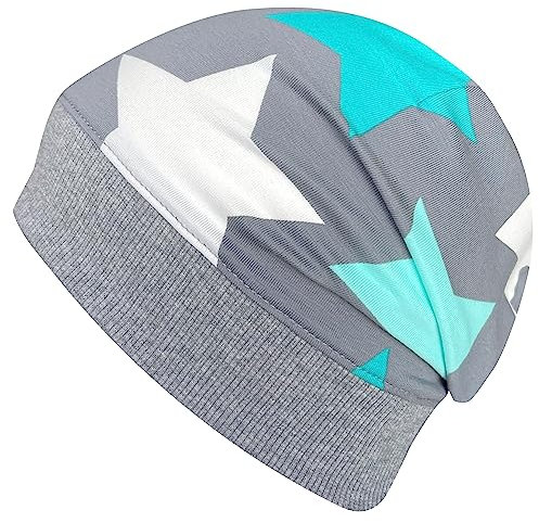 Wollhuhn ÖKO Leichte Mädchen/Jungen Beanie-Mütze Bündchen Elastisch Übergangszeit/Sommer Kinder-Mütze Baumwolle (Öko-Stoffe, Bio) 22222235 (Big Stars Grau/Mint, M)