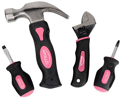 Apollo Tools, DT0240P, set di 4 attrezzi tozzi per mani piccole e spazi ristretti, comodo e compatto, include mini martello, mini cacciavite, mini chiave inglese, nastro rosa, rosa