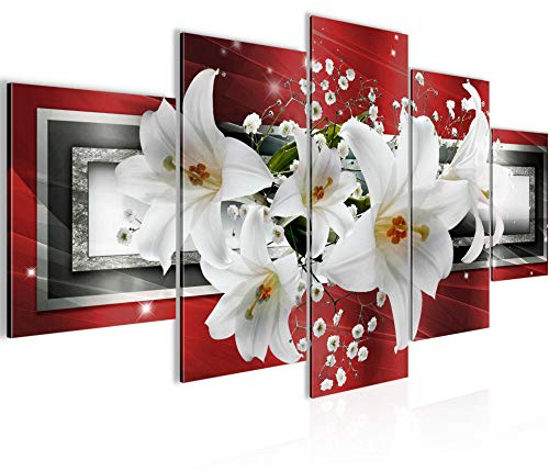Runa Art Wandbilder Blumen Lilien 5 Teilig Bild auf Vlies Leinwand Deko Wohnzimmer Abstrakt Rot Grau 204752b