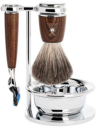 MÜHLE Rytmo 4-pc. Shaving Set with System Razor, dark Ash Wood Handle | Wet Shaving Set compatible with Gillette Fusion blades, Shaving Brush Pure Badger, Holder, Bowl, for beard and face