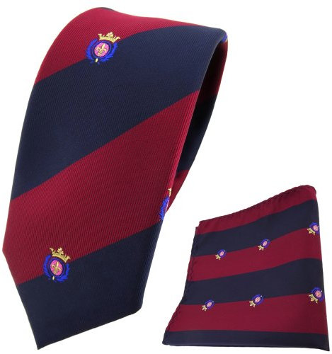 TigerTie - schmale Designer Krawatte + Einstecktuch in rot weinrot dunkelblau gestreift mit Wappen gemustert