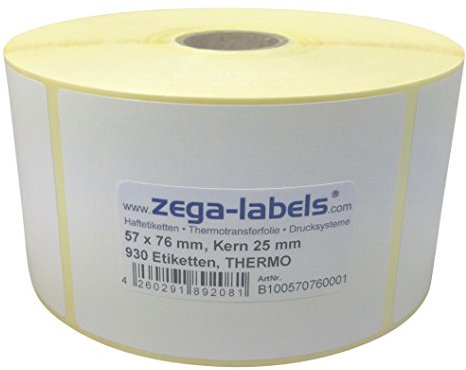 Thermo Etiketten auf Rolle - 57 x 76 mm - 930 Stück je Rolle - Kern: 25 mm - aussen gewickelt - permanent haftend - Druckverfahren: Thermodirekt (Drucken ohne Farbband)