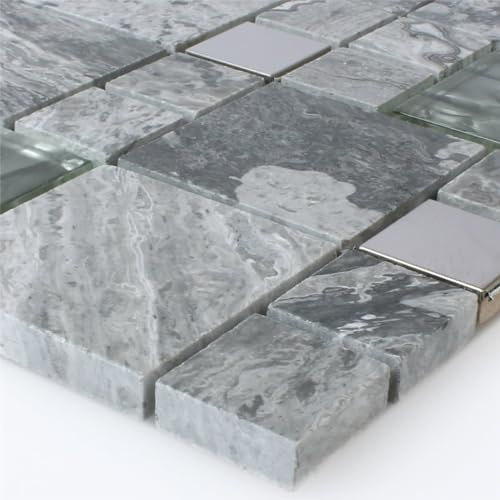 Glas Edelstahl Metall Naturstein Mosaikfliesen Grau Silber
