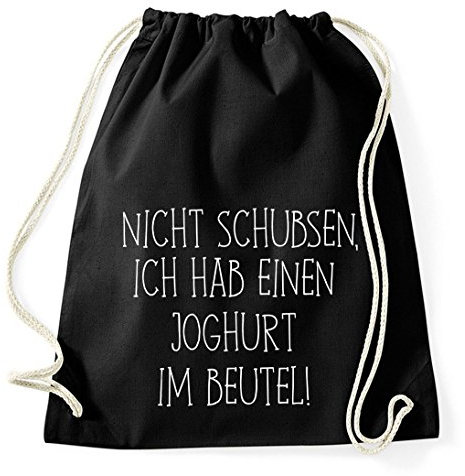 Nicht Schubsen, Ich Hab Einen Joghurt im Beutel Gym Bag Turnbeutel Rucksack Sport Hipster Style in 8 Farben, Farbe:Schwarz