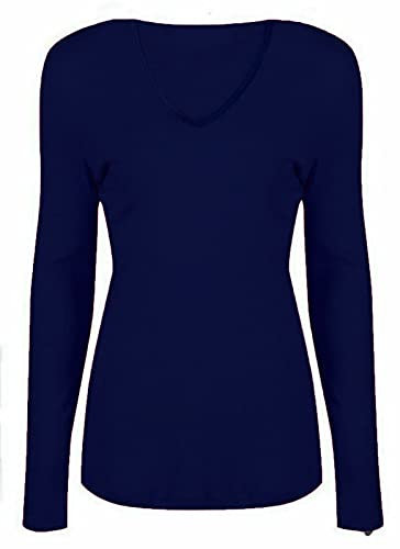 WearAll New Ladies V Neck Stretch Womens Long Sleeve Top Navy Blue 12/14