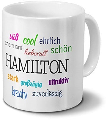 Tasse mit Namen Hamilton - Motiv Positive Eigenschaften - Namenstasse, Kaffeebecher, Mug, Becher, Kaffeetasse - Farbe Weiß