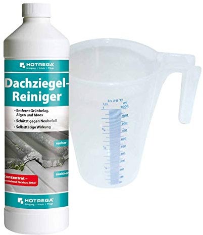 HOTREGA Dachziegel Reiniger Konzentrat 1 Liter | Langzeitschutz gegen Grünbelag, Algen | selbsttätig, materialschonend | inkl. Messbecher