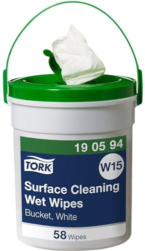 Tork Feuchte Oberflächenreinigungstücher im Spendereimer Weiß W15, Starke Struktur, 1 × 58 Tücher, 190594
