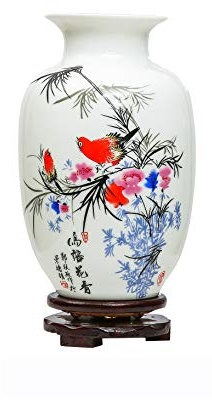 Chinois Oiseaux et Fleurs en Céramique Vase, Jingdezhen Petit Vase en Céramique,Vase Art Déco pour Ménage, Bureau, Mariage, Fête,Blanc