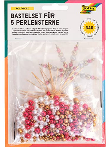 folia 12520 - Bastelset für 5 Perlensterne, rot / gold / perlweiß - ideal als selbstgemachte Dekoration für Weihnachten, Mittel
