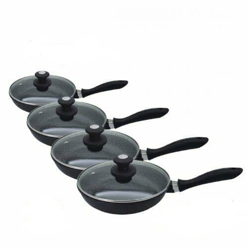 Schumann Professionnel - Lot 4 Poêles Moove Revêtement en Pierre - Compatibles Tous feux dont Induction - Fonte d'Aluminium Sans PFOA - Manches Amovibles Silicone - Couvercles Inclus - 20/24/28/32cm