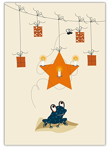 Kartenkaufrausch 1 niedliche Weihnachtskarte: mit Frosch, Stern, Kerzen und Geschenken • als nette Weihnachts Glückwunschkarte zu Neujahr, Silvester für Familie und Firma