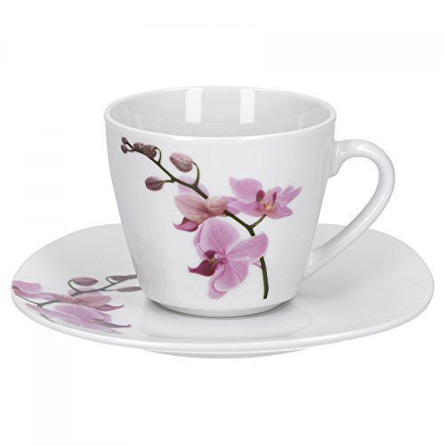 Van Well 2-tlg. Kaffeetassen-Set Kyoto, kleine Tasse 180 ml + Untertasse, edles Porzellan, Kaffee-Geschirr, Blumen-Dekor Orchidee, rosa-rot, pink