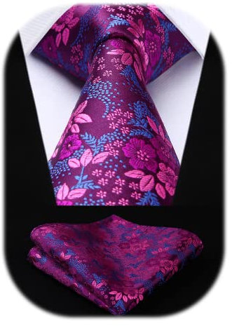 HISDERN Herren Krawatten Fuchsia Blumen Extra Lange Krawatte und Einstecktuch Set Elegante Klassisch Hochzeit Seidenkrawatte Taschentuch für Männer