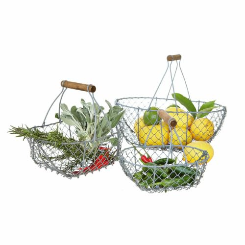 Loberon Drahtkorb 3er Set Baker, grau/braun | DREI Größen, Aufbewahrung, Obstkorb, Gemüsekorb, Gartenhelfer, Gartenzubehör, Stahl, Mangoholz