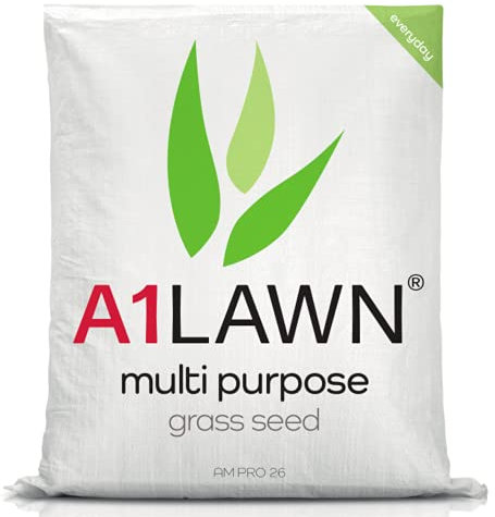 A1 Lawn - Multi Purpose Grass Seed, 15kg (420m2) - Fast Growing UK Quality, Fresh, Pet & Child Friendly - Ideal for Patch Repair, Over Seeding, New Lawns & Thickening. DEFRA Approved (AMPRO26)