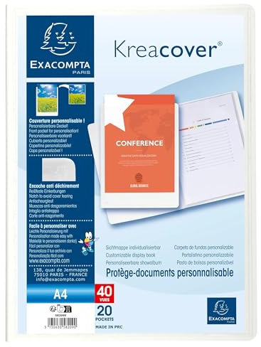 Exacompta - Réf. 58209E - Carton de 20 Protège-documents personnalisable Kreacover Chromaline - 20 pochettes cristal lisse - 40 vues - A4 - dim 24 x 32cm - couverture en polypro rigide - blanc