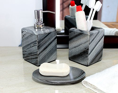 KLEO Bathroom Accessory Set (3pcs, Natural Stone, Grey) - Soap Dispenser, Toothbrush & Paste Holder, Soap Dish