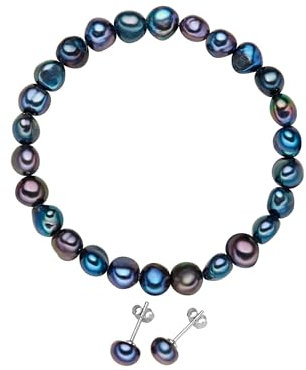 Valero Pearls Damen-Schmuckset Armband + Ohrstecker 925 Sterling Silber Hochwertige Süßwasser-Zuchtperle pfauenblau - Perlenarmband Perlenohrstecker