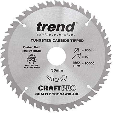 Trend Wood Circular Saw Blade, 180mm Diameter, 30mm Bore, 40 Teeth, 2.4mm Kerf, +10° Hook, TCT, Fine Finish, CSB/18040