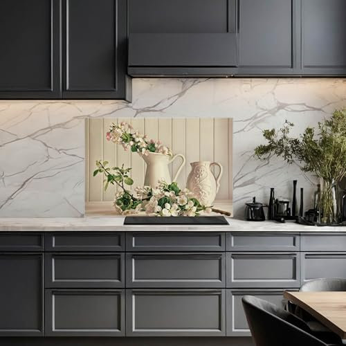 banjado Küchenrückwand Glas ohne Bohren 75x50cm – Glasrückwand Küche mit Motiv Kirschblüten/Spritzschutz Küchenrückwand Glas/selbstklebende Küchenrückwand Platte - magnetisch & beschreibbar