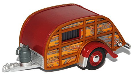 Cararama Anhänger Wohnwagen mit öffnender Klappe Dunkel Rot Holzdesign 1/43 Modell Auto