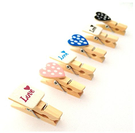 LWR CRAFTS Mini mollette in legno Love and Heart 24 pezzi e corda di iuta 20 cm