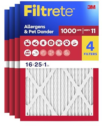 Filtrete 16x25x1 AC Furnace Air Filter, MERV 11, MPR 1000, Micro Allergen Defense, 3-Month Pleated 1-Inch Electrostatic Air Cleaning Filter, 4 Pack (Actual Size 15.69 x 24.69 x 0.81 in)