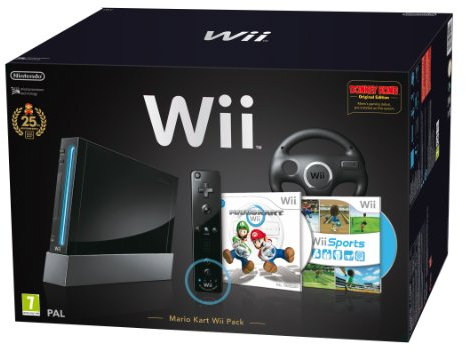 Nintendo Wii Console (Black) with Wii Sports + Mario Kart and Black Wii Wheel + Motion Plus Controller (Wii)