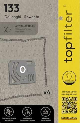 TopFilter 64133 Lot de 4 sacs aspirateur Rowenta, sac aspirateur, accessoire aspirateur, poche aspirateur, Non tissé polypropylène, Plastique, 30 x 26 cm, Blanc
