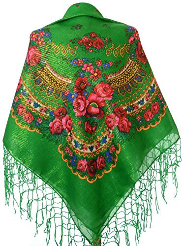 Halstuch mit traditionellem ukrainischem/polnischem/russischem Blumenmuster und Fransen - Grün -